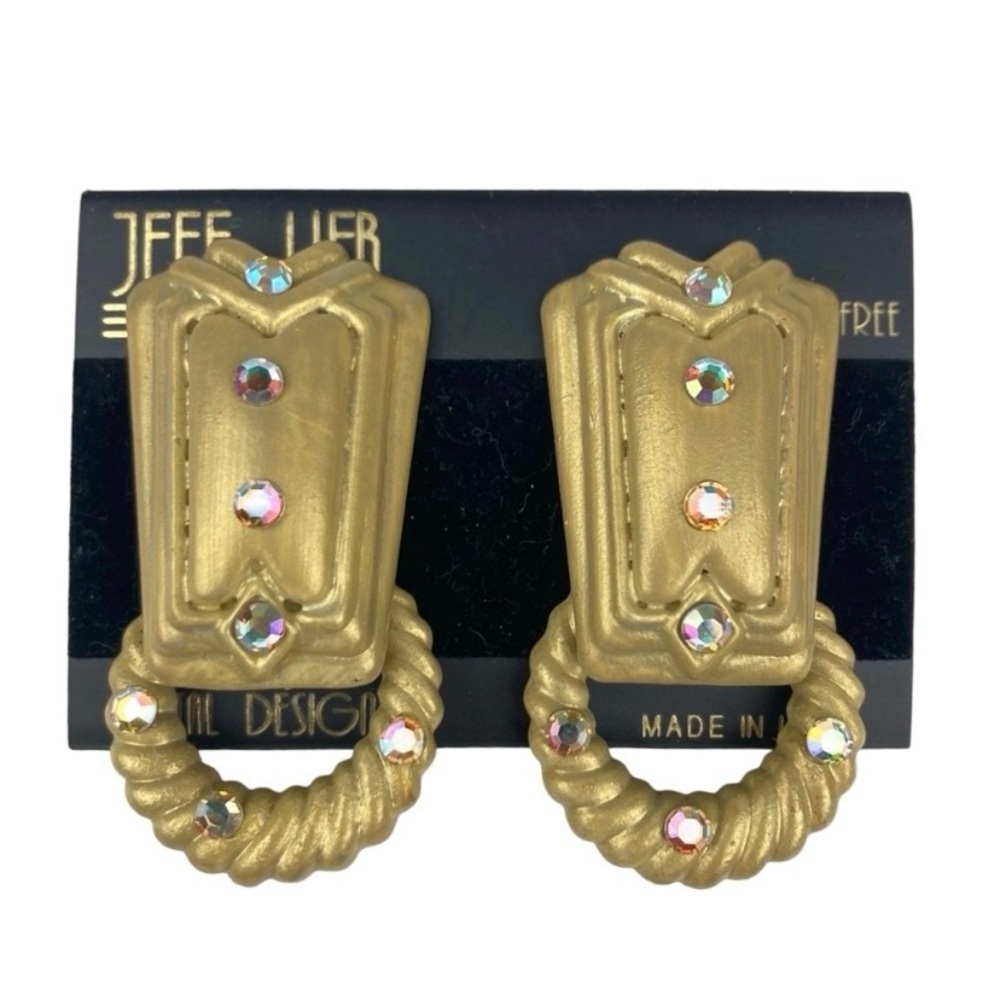 JEFF LIEB Vtg 80s Gold Door Knocker Rhinestone Dangle Clip On Earrings